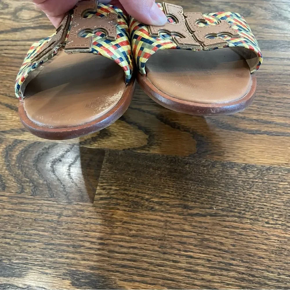 TORY BURCH Ines Woven Raffia Straw & Leather Logo Slip On Sandals